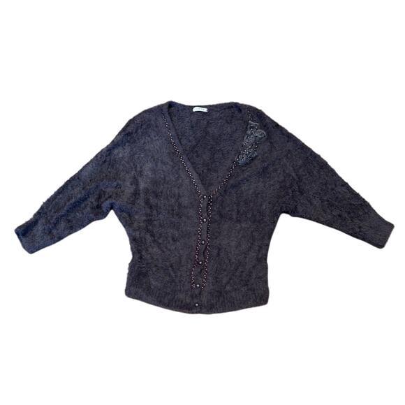 0918 Large Brown Beaded Embellished cardigan 3/4 sleeves sweater Preppy Academia - Picture 1 of 10